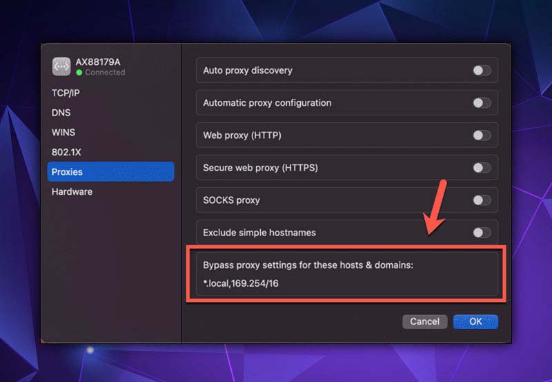 Bypass Proxy Settings for These Hosts and Domains